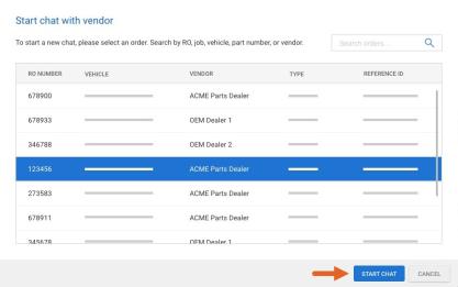 Start new chat with vendor popup.