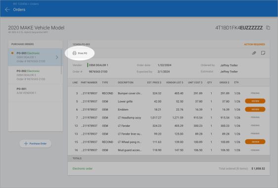 Orders screen on a Repair Order