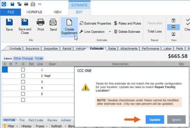 Popup showing the Update or Ignore options. Popup reads: Taxes for this estimate do not match the tax profile configured for your location. Update tax rates to match repair facility location. Note: Taxable checkboxes under rates cannot be modified after estimate lock only tax rate percentage will be updated.