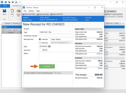 Receipts window with arrow pointing to the Pay Now button.