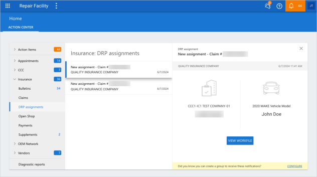 Screenshot of the DRP assignments screen in the Action Center.
