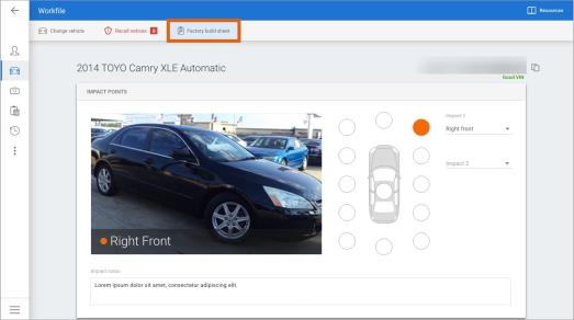 Screenshot of the Vehicle screen with the Factory Build Sheet button highlighted.