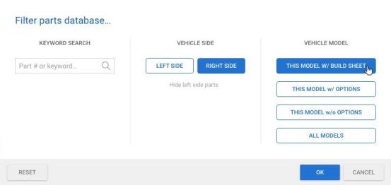 Screenshot of the Filter parts database window.
