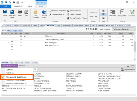 Screenshot of the Estimate screen with the Filtered (with Build Sheet) option highlighted.