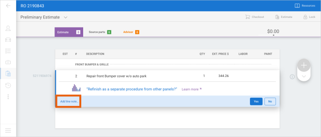 Screenshot of the Estimate screen with the Add line note button highlighted.