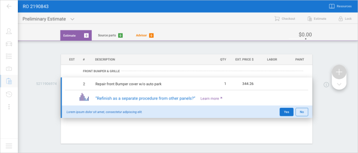 Screenshot of the Estimate screen with the line note shown at the bottom of the estimate line.