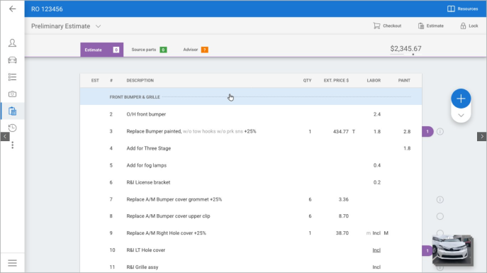 Screenshot of the Estimate screen with a group header line highlighted.