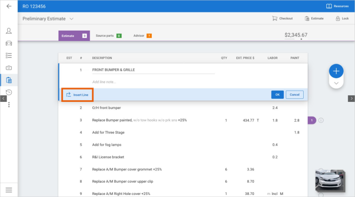 Screenshot of a group header line with the Insert Line button highlighted.