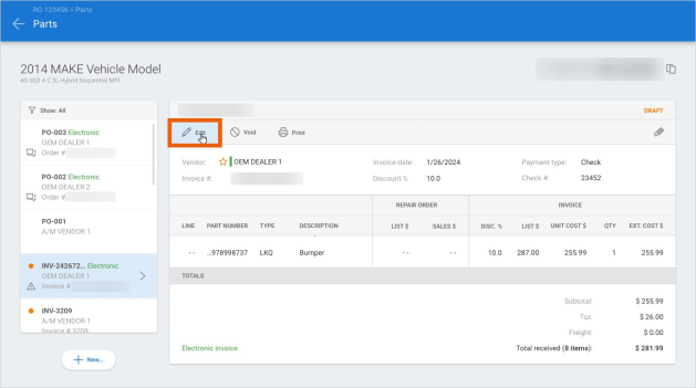 Screenshot of the Parts screen with the Edit button highlighted.