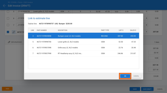 Screenshot of the Link to estimate line window with the OK button highlighted.