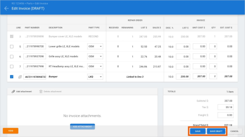 Screenshot of the Edit Invoice screen with the Save and Save Draft buttons highlighted.
