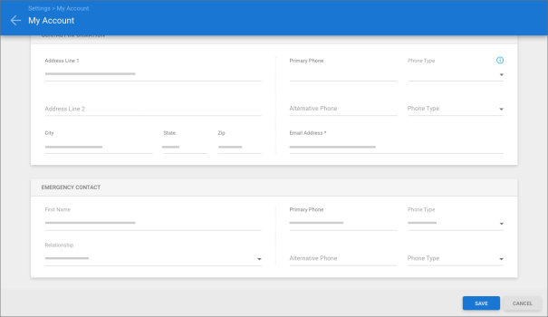 My Account screen showing the Emergency contact fields.