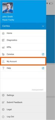 Screenshot of the RF Mobile app menu with the My Account button highlighted.