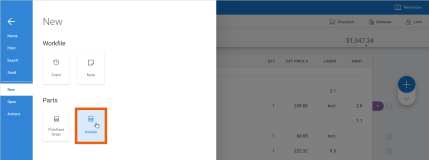 Screenshot of the New options in the menu with the Invoice button highlighted.