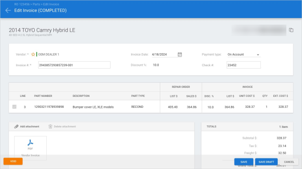 Screenshot of the Edit Invoice screen.