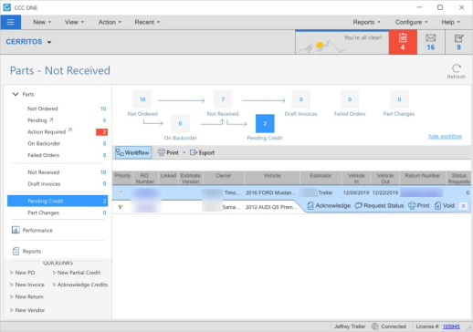 Screenshot of the Pending Credit tab on the Parts - Not Received screen.