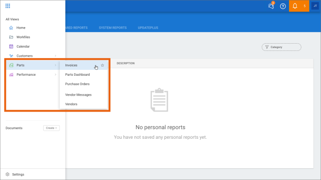 Screenshot of the menu with the Parts then Invoices options highlighted.