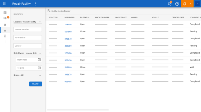 Screenshot of the Invoices screen.