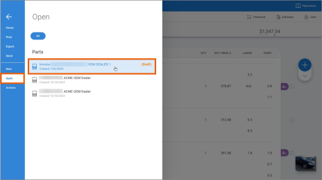 Screenshot of the Open menu option with an Invoice highlighted.