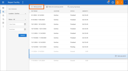 Screenshot of the Pay Periods screen with the Add pay periods button highlighted.