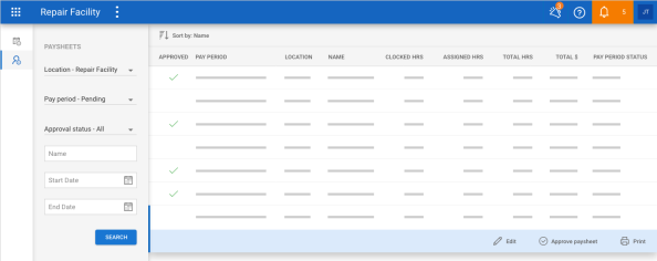 Paysheets screen with a Pay Period selected.