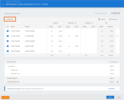 Screenshot of the Hourly Technician Edit Paysheet screen with the Hourly Pay header highlighted.