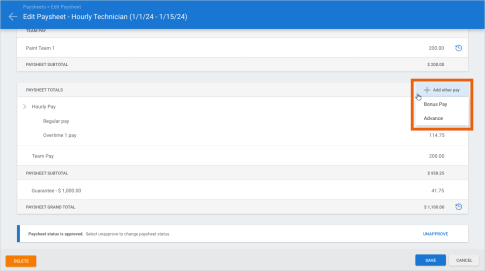 Screenshot of the Hourly Technician Edit Paysheet screen with the Add other pay options highlighted.