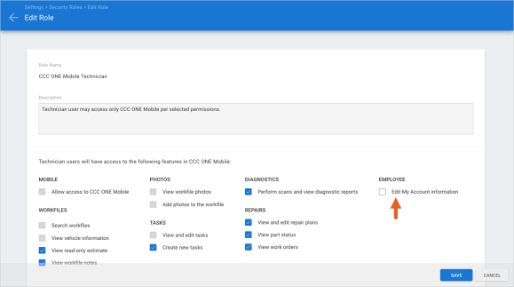 Edit Roles screen within the Securty Roles setting with an arrow pointing to the new Edit My Account option.