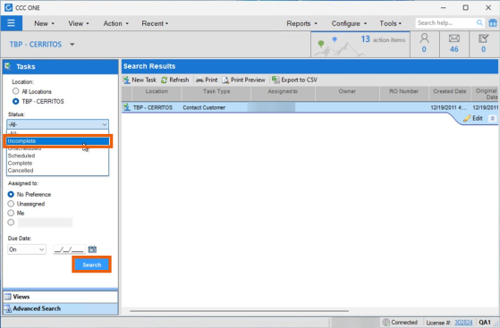 Screenshot of the Tasks Search screen with the Incomplete Status filter and the Search button highlighted.