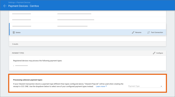 Screenshot of the Payment Devices screen with the Processing unknown payment types section highlighted.