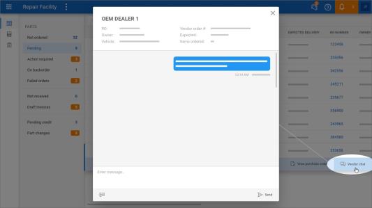 Screenshot of the Vendor chat option on the Parts Dashboard, pending queue.