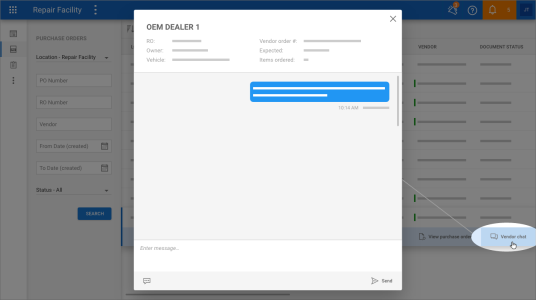 Screenshot of the Vendor chat option on the Workfile Orders view.