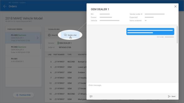 Screenshot of the Vendor chat option on the Workfile Orders view.