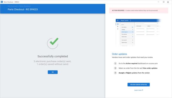 Screenshots of the Checkout success screen and the Action Required notification.