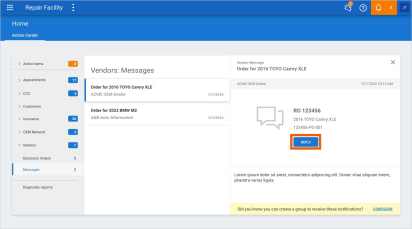 Screenshot of the Vendors Messages with the Reply button highlighted.