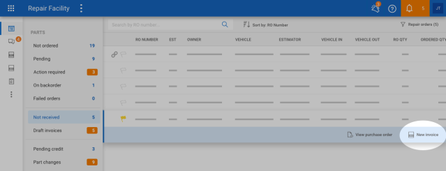 Screenshot of the Parts Dashboard with the New Invoice option highlighted.