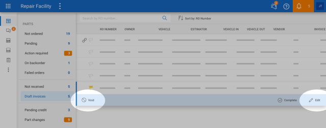 Screenshot of the Parts Dashboard with the Void and Edit options highlighted.