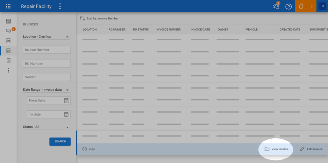 Screenshot of the Parts Dashboard with the View Invoice option highlighted.