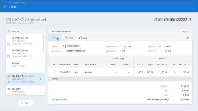 Screenshot of the Parts screen with the Edit button highlighted.