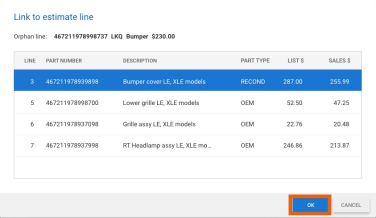 Screenshot of the Link to estimate line window with the OK button highlighted.