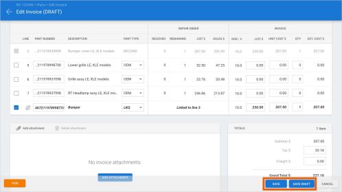 Screenshot of the Edit Invoice screen with the Save and Save Draft buttons highlighted.