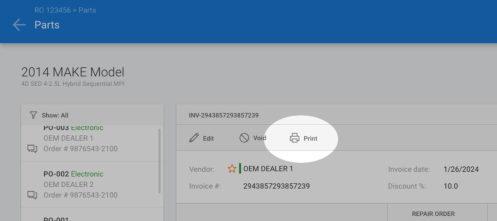 Screenshot of the Parts screen with the Print option highlighted.
