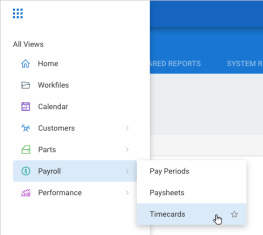 Screenshot of the main menu drop-down with the Payroll and Timecards options highlighted.