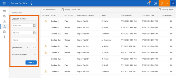 Screenshot of the Timecards screen with the Search criteria and Search button highlighted.