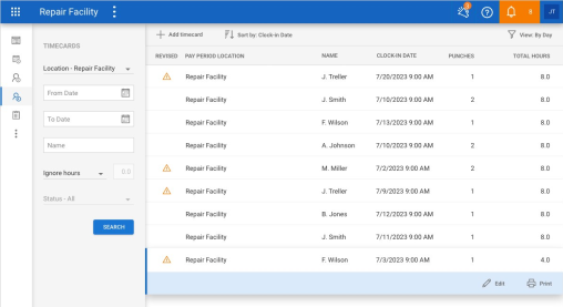 Screenshot of the Timecards By Day.