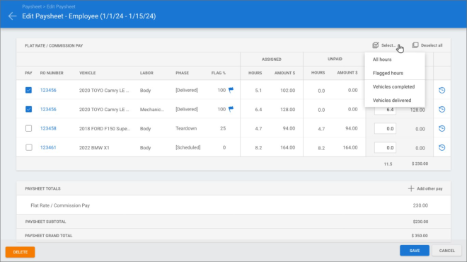 Screenshot of the Edit Paysheet screen.