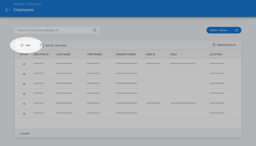Screenshot of the Employees screen with the Add button highlighted.