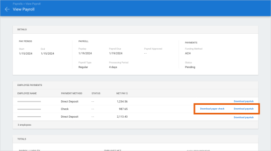 Screenshot of the View Payroll screen with the Download paper check and Download paystub links highlighted.