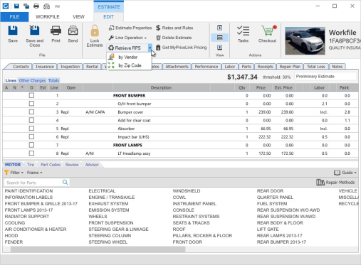 Screenshot of the Estimate tab with the Retrieve RPS drop-down menu shown.