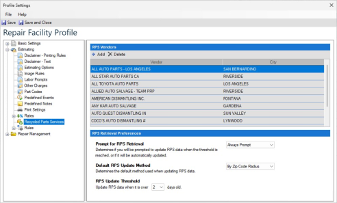 Screenshot of the Recycled Parts Services settings.